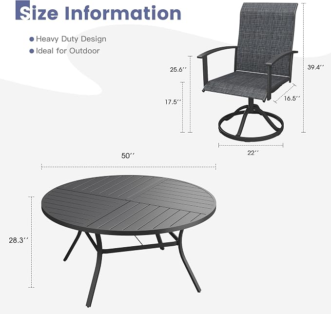 VICLLAX Outdoor Table and Chairs Set for 6, Patio Dining Set of 50 Metal Round Patio Table with Umbrella Hole & 6 Swivel Outdoor Dining Chairs for Backyard Lawn, Charcoal & Black