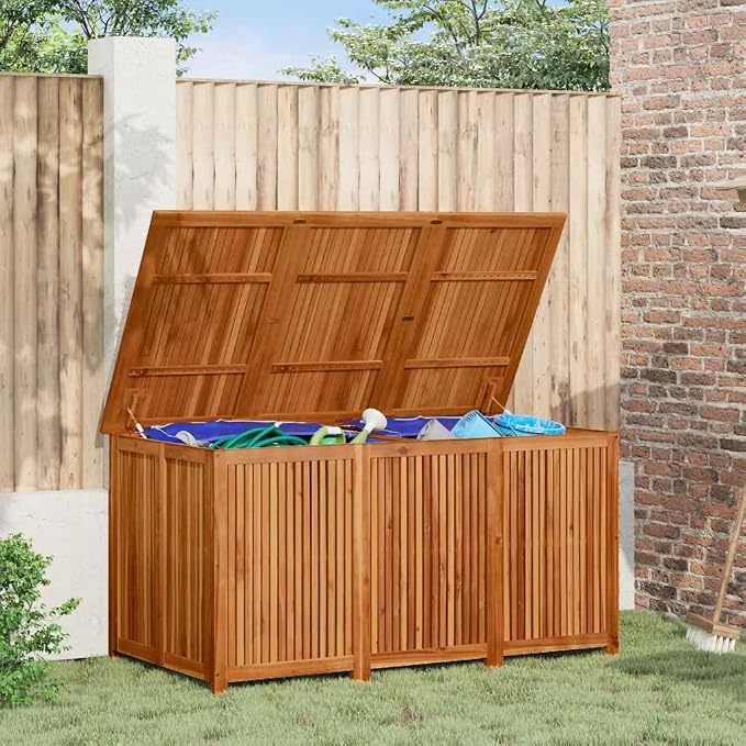 Outdoor Garden Storage Box 59x31x30 Inch, Large Capacity Patio Deck Bin with Water-Resistant PE Liner, Solid Acacia Wood Container for Cushions, Blankets, and Tools