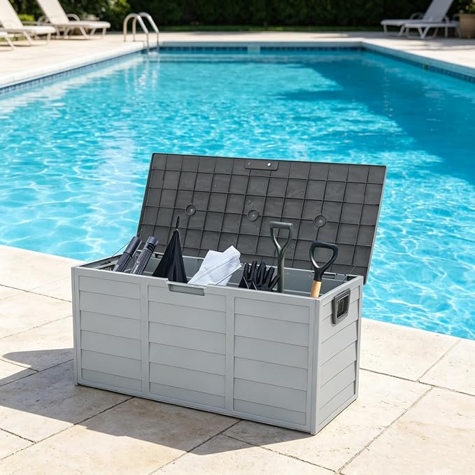 75 Gallon Waterproof Outdoor Deck Box with Wheels, Lockable Resin Patio Storage Container for Cushions, Garden Tools, Pool Accessories and Outdoor Supplies, Grey