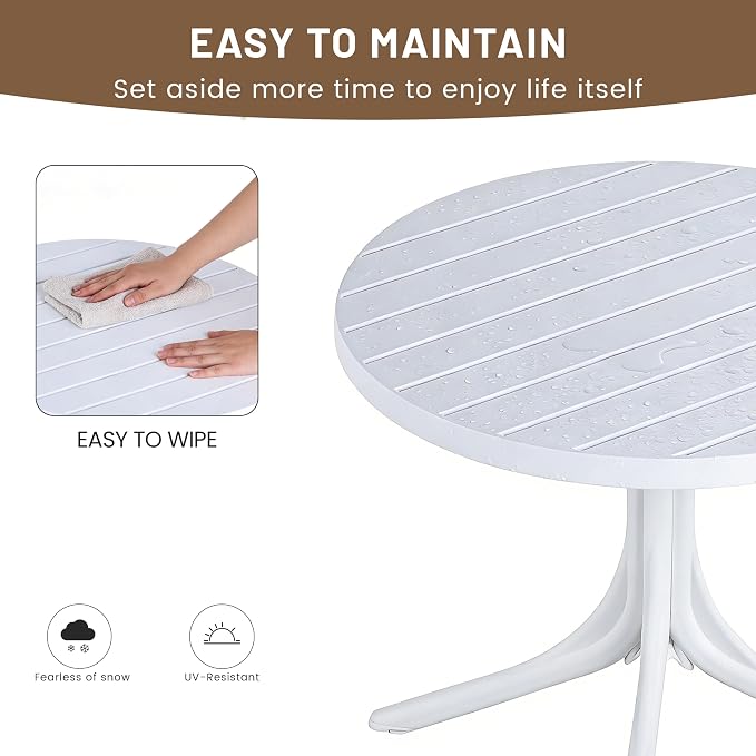 Summer 36 Inch Round White Plastic Table, Indoor/Outdoor Dining & Coffee Table, Lightweight & Foldable All-Weather Patio Table for Garden, Courtyard, Camping, Easy Assembly