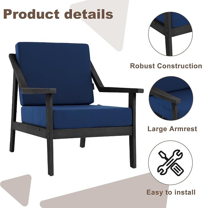 Outdoor Patio Furniture Set, 3 Piece Patio Conversation Sets with Washable Thick Cushions, All-Weather Solid Wood Patio Bistro Set for Porch, Balcony, Black Frame & Navy Cushion