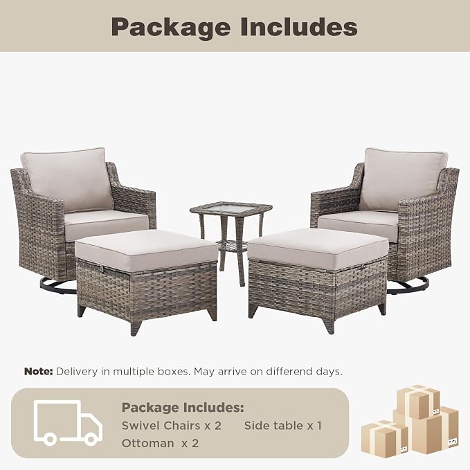 Belord Patio Wicker Swivel Rocker Patio Chairs with Side Table, Outdoor Rattan Chairs for Deck Porch Garden, 5 Piece Luxury Patio Furniture Set, Beige
