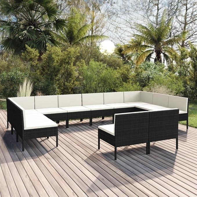 Patio Lounge Set with Cushions,Patio Furniture Sets,Patio Conversation Sets,Outdoor Furniture Sets,for Garden,Backyard,Outdoor,12 Piece Poly Rattan Black