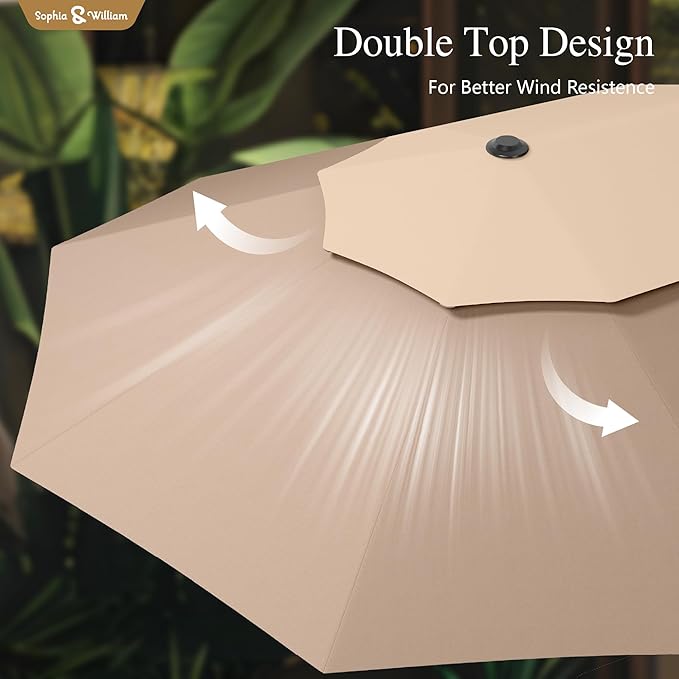 Sophia & William 15ft Extra Large Patio Umbrella with Base Included, 2-Tier Double-Sided Rectangle Outdoor Umbrella with Stand, Market Umbrella for Pool Garden Backyard, Beige&Tan