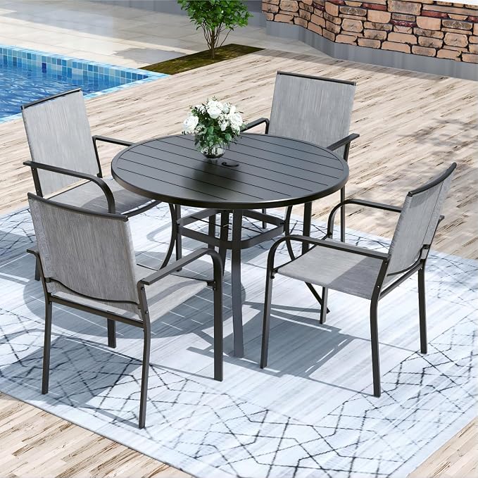 Anmutig Round Outdoor Dining Table, 41-inch All-Weather Patio Table with Adjustable Umbrella Hole for Deck Lawn Garden Backyard Balcony Deck, Black Metal Frame Slatted Tabletop
