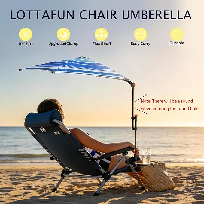 LOTTAFUN Chair Umbrella with Clamp Adjustable Umbrella UPF 50+ with Universal Clamp for Beach Chair, Golf Cart, Wheelchair, Stroller, Bleacher, Patio,Camping cart,Baby stroller