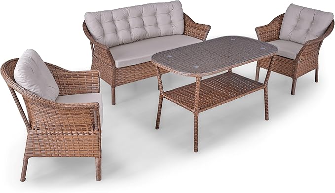Angora Dinamic Rattan Outdoor Furniture Set – Stylish Garden and Patio Set with Table, Double Chair, and 2 Single Armchairs, Conversation Sets Best for Yard, Pool or Backyard, Brown