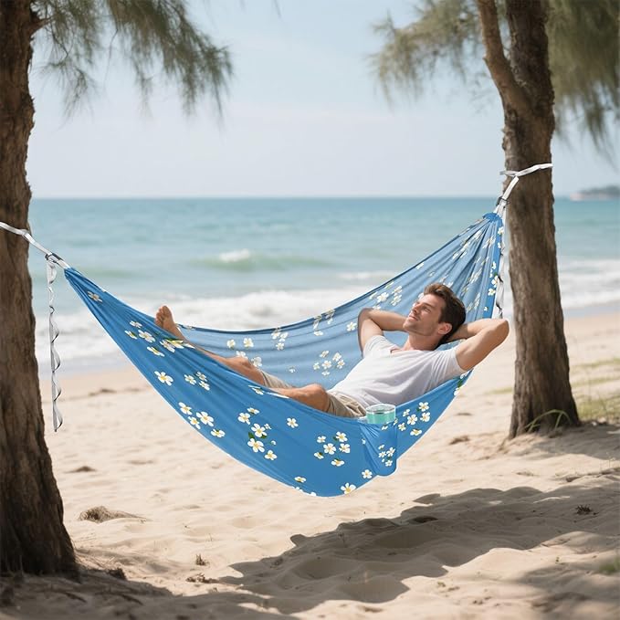 Camping Hammock Outdoor Hammocks for Outside Blue White Flower Beach Trees Portable Lightweight with Pockets Tree Straps Indoor
