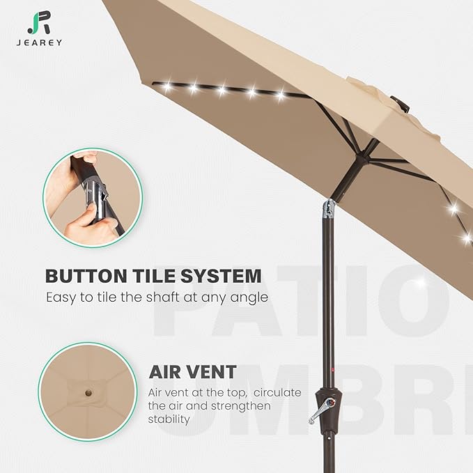 JEAREY 6.5x10 ft Rectangular LED Lighted Patio Umbrellas Outdoor Solar Table Market Umbrella w/Push Button Tilt/Crank, 6 Sturdy Ribs, UV Protection Waterproof Sunproof(Beige)