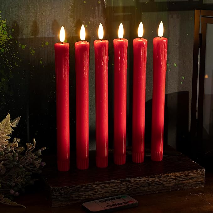 JOIONE Flameless Taper Candles with Remote Timer, 9.6" Red Real Wax Flickering Battery Operated Warm Light Electric LED Candle, Perfect for Christmas Party Wedding Decoration (6 Pack)