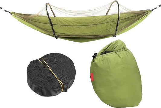 Single Person Hammock with Mosquito Net, Super Light, Removable, Quick Opening, Fruit Green and Dark Green - Tear Resistant Fabric, Portable Storage, Outdoor Relaxation (OD Green)