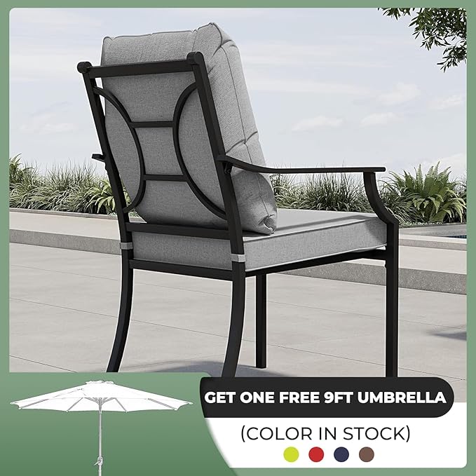 Grand patio 5-Piece Patio Dining Set for 4, E-Coated Outdoor Dining Set Fixed Patio Dining Chairs with Olefin Cushions & 1 Brown Square Faux Woodgrain Dining Table with 1.5”Market Umbrella Hole