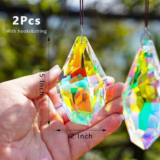 2 Pcs 3.5 Inch AB Crystal Prism Suncatcher Window Decor | AB Colored Crystal Prism Suncatcher Rainbow Maker Hanging Pendants Set of 2 for Window Garden Home Office Wedding Decor Gift