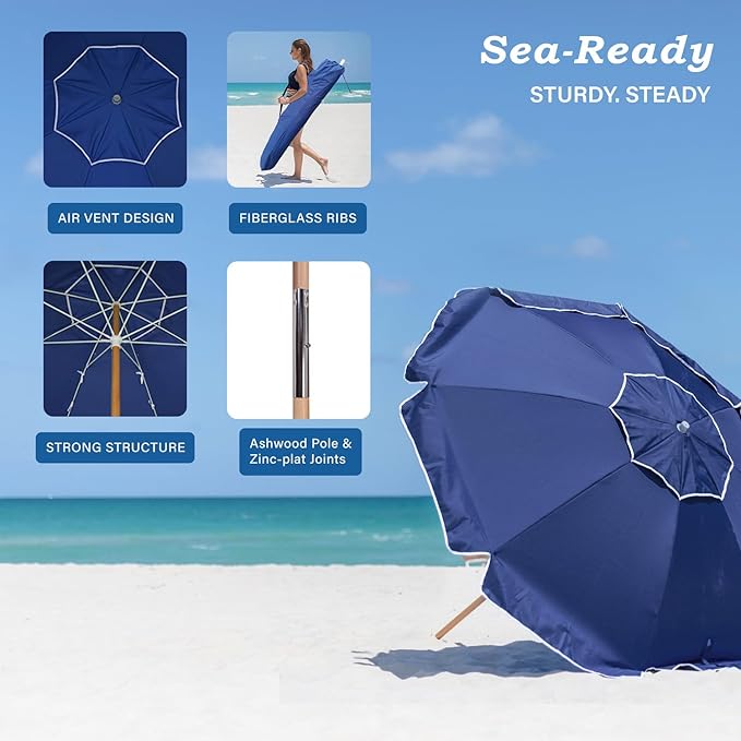 AMMSUN 7.5ft Heavy Duty HIGH Wind Beach Umbrella Commercial Grade Patio Beach Umbrella with Air Vent Ash Wood Pole & Carry Bag UV 50+ Protection Navy Blue