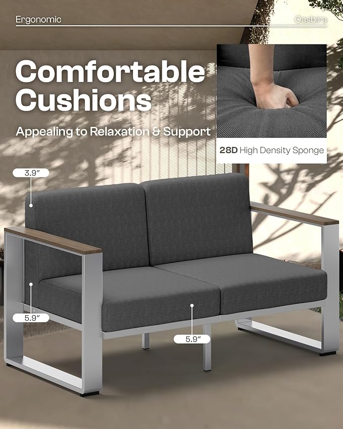 Outdoor Furniture Set, 4 Piece Aluminum Patio Furniture Set with Coffee Table, Wide Seat and Thick Cushions, Outdoor Patio Conversation Sets for Deck, Porch (Darkgray)