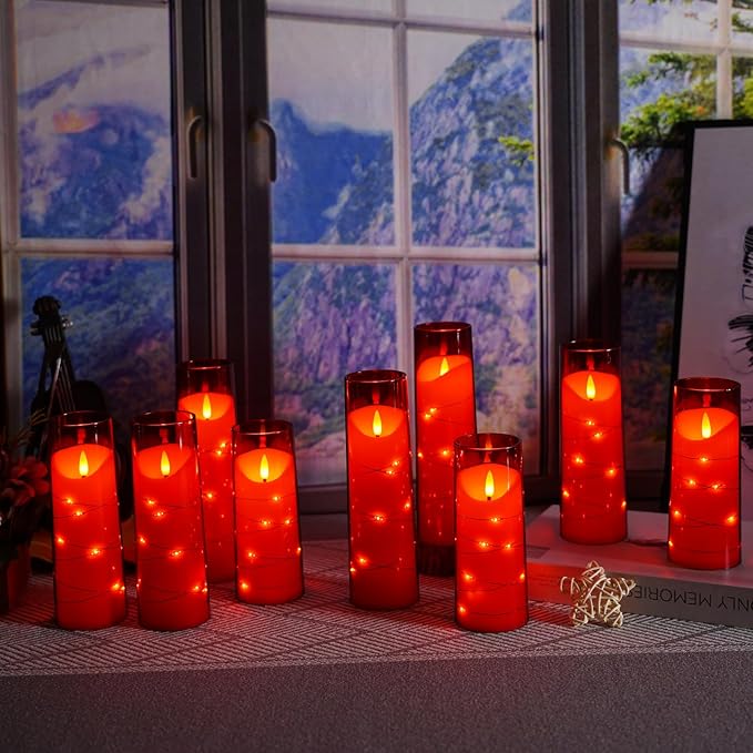 Eebuss Flameless Candles with Embedded Star String, Battery Operated LED Pillar Candles with Timer and Remote Control,Home Decorating for Ambiance， Set of 9 (Red)