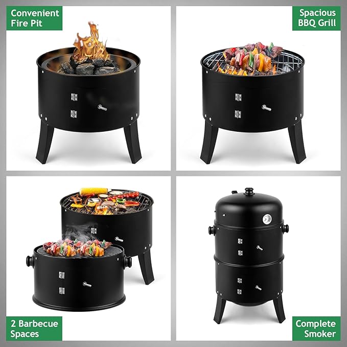 31.5" Vertical Steel Charcoal Smoker Grill,Heavy Duty BBQ Grills,Outdoor Camping Backyard Barbecue Grill,Metal Barbecue Smokers,with Thermometer,for Patio Garden Beach Porch Lawn Yard (Black)
