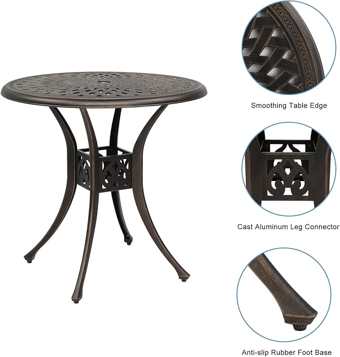 30 inch Round Patio Table, Cast Aluminum Outdoor Table, Outdoor Dining Table with Umbrella Hole, Small Bistro Table for Garden, Yard, Bronze