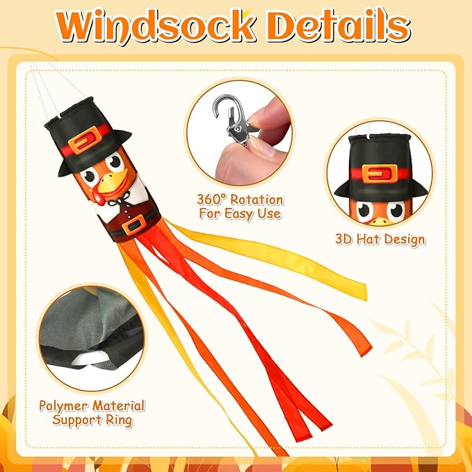 NOVWANG 2 Pcs 40 Inch Turkey Windsocks, Fall Turkey Wind Sock Thanksgiving Outdoor Hanging Flag Autumn Outside Decorations for Garden Lawn Yard Balcony Patio Decor