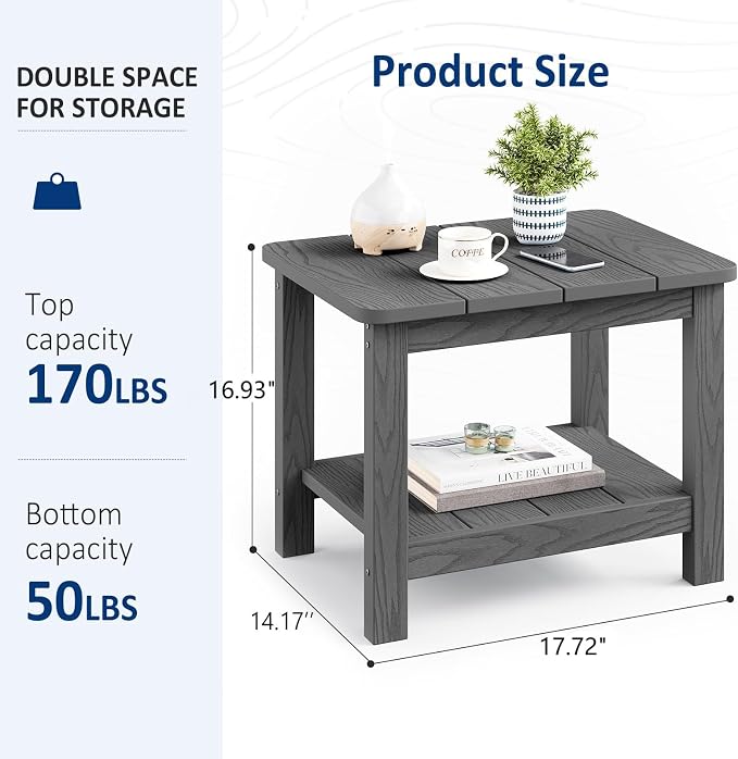 18" Outdoor Side Table, 2-Tier Patio Side Table, Weather Resistant, Easy Assembled, HIPS Adirondack Side Table for Backyard, Pool, Indoor (Gray)