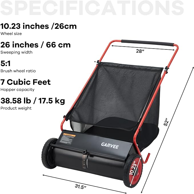 Garvee Push Lawn Sweeper, 26 in Leaf & Grass Collector with 7 Cu. ft. Hopper Bag, 4 Spinning PP Brushes, Durable Steel Construction, Adjustable Height & Rubber Tires for Leaves Grass Cleanup