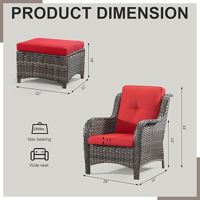4 Pieces Outdoor Patio Furniture Set Wicker Chairs Set of 2 with Two Ottomans for Backyard, Porch, Balcony(Mixed Grey/Red)