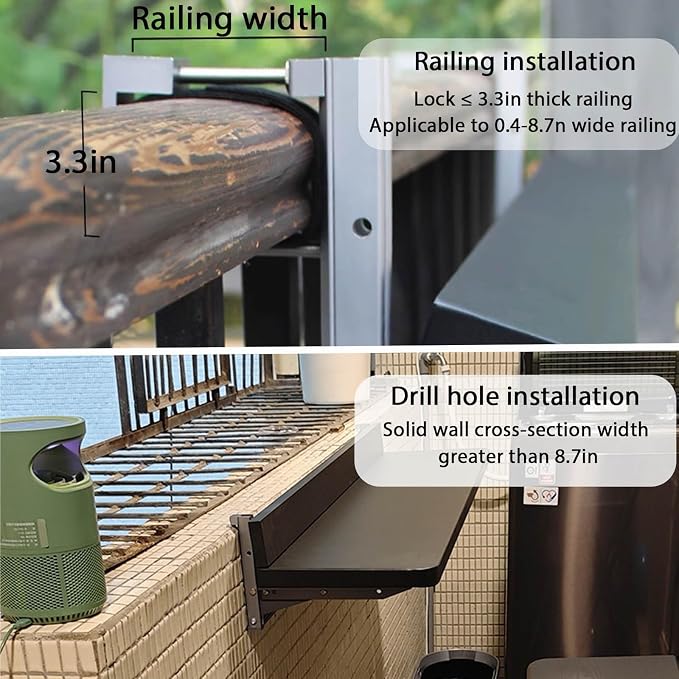 Outdoor Side Tables Rail Hanging Outdoor Folding Balcony Shelf 32 40in Folding Deck Table 5 Height Adjustable Space Saving Floating Better Bench for Patio Indoor Garden(Black,39.4x15.7in)