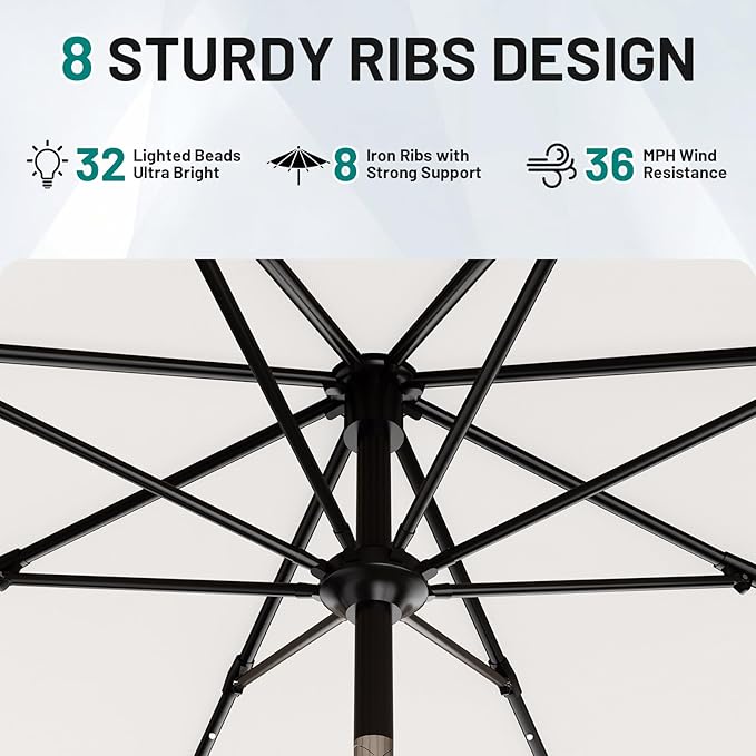 AreShark 12FT Large Patio Umbrella with Solar Lights, Solar Powered Outdoor Umbrella with Crank, Patio Table Market Umbrellas for Garden, Deck, Backyard, Pool and Beach, Cream-White