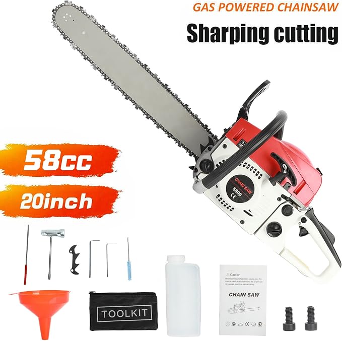 Gas Powered Chainsaws, 20" 3.2HP 58CC，2-Cycle Gasoline Powered Chain Saw, Multifunction Rust Resistant Wood Chainsaw Wood Cutting Shipping from USA Fast Arrival Red