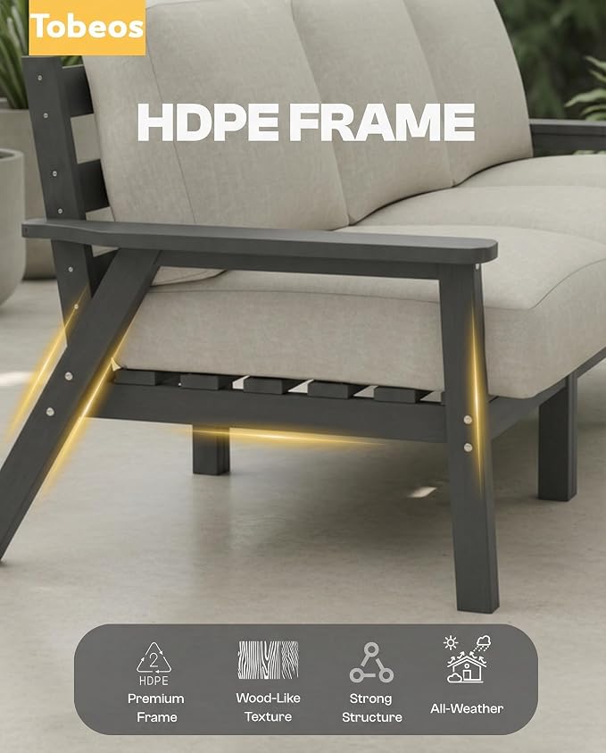 7 Piece HDPE Outdoor Furniture Set with Beige Cushions (Gray Frame) | All-Weather HDPE, Modular Design, Extra-Deep Seating, Thick Cushions, Ideal for Backyard, Deck & Porch