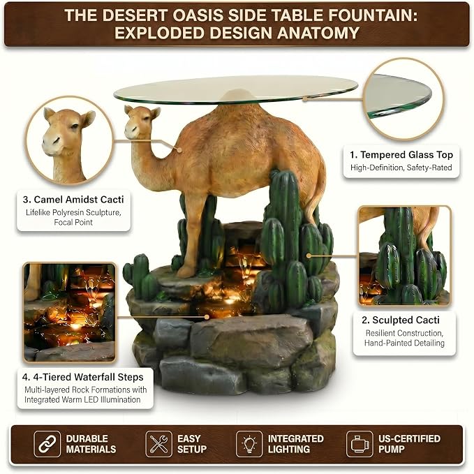 Camel & Cacti Side Table with 4-Tier LED Waterfall Resin Sculpture End Table Glass Top Indoor Outdoor for Patio Garden Living Room