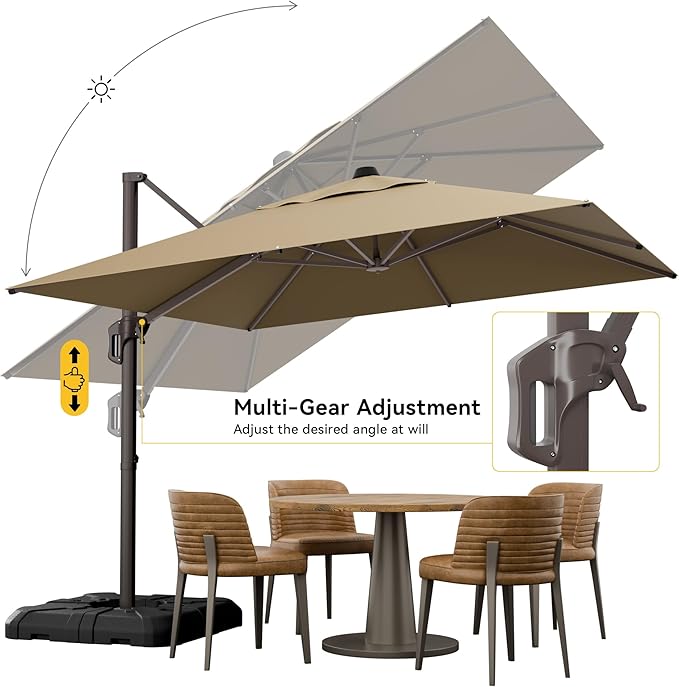 10x10FT Cantilever Outdoor Umbrella with Base, 360° Rotating Large Offset Square Patio Umbrella, Ideal for Garden Backyard Deck Courtyard, Brown