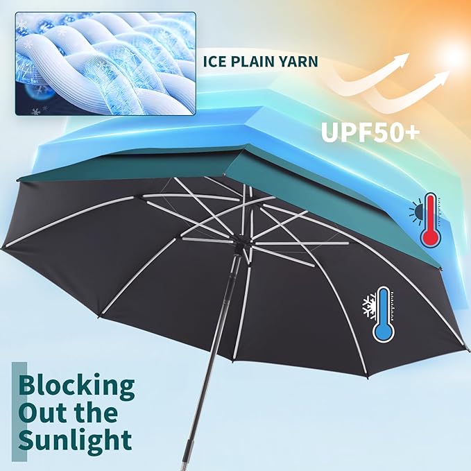2 Pack 48.6" Double Canopy Beach Umbrella with Clamp, UPF50+ Beach Chair Umbrella with clip, 360°Adjustable Portable Outdoor Wheelchair, Patio, Golf Carts,Camping(Blackish Green, Not Include Chair)
