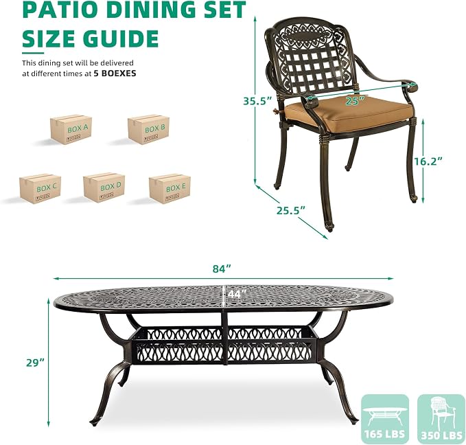 VIVIJASON 9-Piece Patio Furniture Dining Set, Rust-Free Cast Aluminum Outdoor Conversation Set, Include 8 Cushioned Chairs and an Oval Table with Umbrella Hole for Balcony Lawn Garden Backyard
