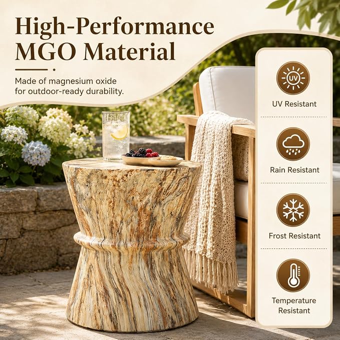 Outdoor Concrete Side Table, Concrete Contemporary Lightweight Accent Table with Faux Stone Coffee Tables for Garden,Porch,Backyard (Amber,Brown -16)