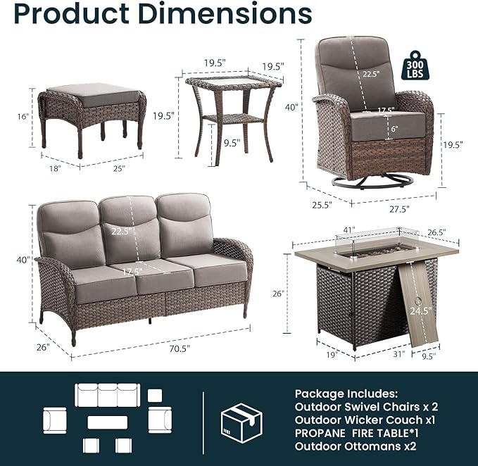 High Back Luxury Patio Furniture Set with Fire Pit Table, 6-Inch Cushion Swivel Rocker Patio Chairs with Outdoor Couch, 7 Piece Wicker Conversation Set for Deck Yard Garden Balcony Gray