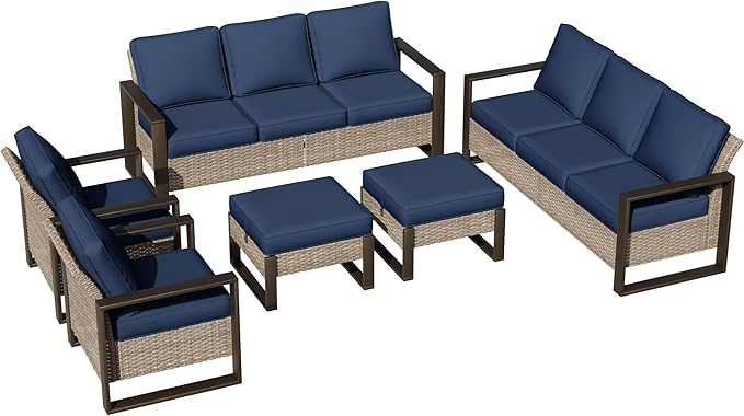 Joyside Outdoor Patio Chairs, 5 Pieces Wicker Rattan Furniture Set, 2 Patio Chairs, 2 Sofa and 2 Ottoman, Metal Wide Armrest, Thick Cushions and Deep Seating for Garden, Backyard, Porch, Deck