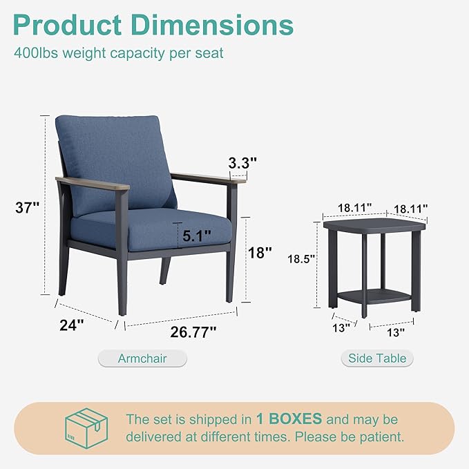 3-Piece Aluminum Patio Rocking Swivel Chair Outdoor Bistro Set, Patio Conversation Set Outdoor Patio Furniture Set with High Backrest & Thickened Cushions for Garden, Deck and Balcony, Navy Blue