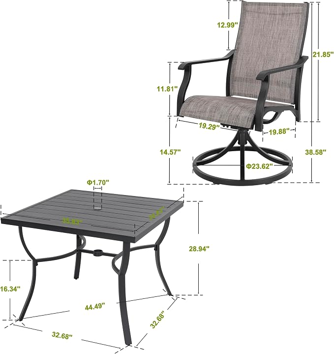 NUU GARDEN 5 Piece Outdoor Dining Set, Aluminum Patio Dining Table with 1.97" Umbrella Hole and 4 Textilene Swivel Chairs, Weather-Resistant Patio Furniture for Garden Backyard, Brown and Black