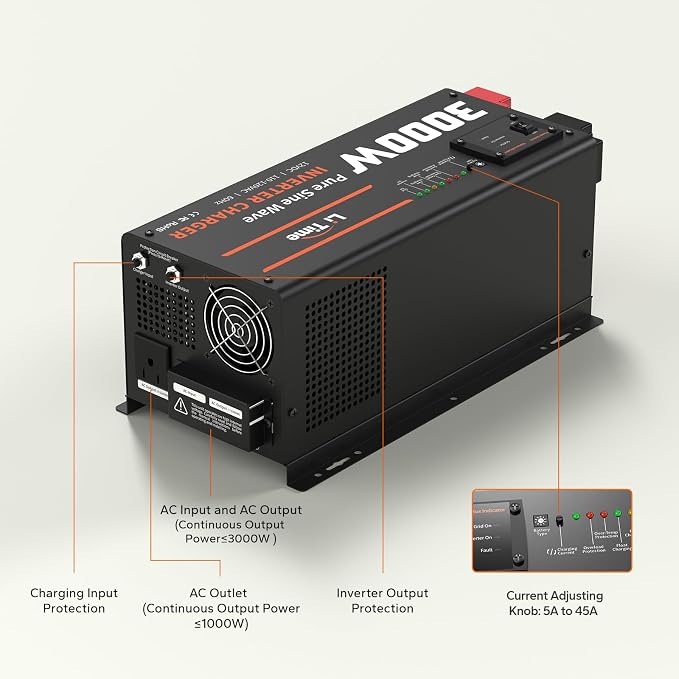 LiTime 3000W Pure Sine Wave Inverter Charger, 12V DC to 120V AC Solar Controller, 9000W Peak Power, UPS Function, 5A - 45A Adjustable Current, LCD Remote Control, for RV, Home Backup, Truck, Boat