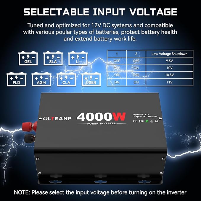 OLTEANP 4000 Watt Power Inverter 12V DC to 110V AC Car Inverter with 4 AC Outlets, 30W Type-C Port, 3.1A USB Port, Remote Controller on LCD Screen, Peak 8000W Car Converter for Truck,Vehicles,Trip