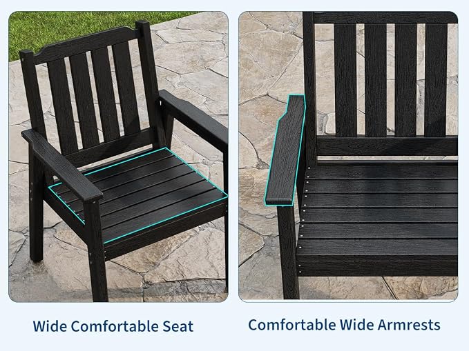 Takywep 23.9” Wide HDPE Patio Dining Chairs Set of 4, 650LBS Capacity All-Weather Yard Armchair with Slatted Seat, Heavy Duty Modern Backyard Furniture for Garden, Poolside, Deck, Black
