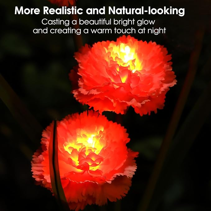 ReyeeInc Solar Flowers Outdoor Waterproof, Solar Carnation Stake Lights Outside with 12 Real Looking Flowers for Yard Decorations Outdoor, Front Yard, Garden, Flower Bed, Lawn, Patio Decor (3 Pack)