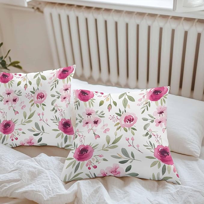 Vandarllin Outdoor Throw Pillows Covers 26x26 inch Set of 2 Waterproof Pink Flowers Decorative Zippered Cushion Covers for Patio Furniture, Floral Leaves Plant Lumbar Pillowcases