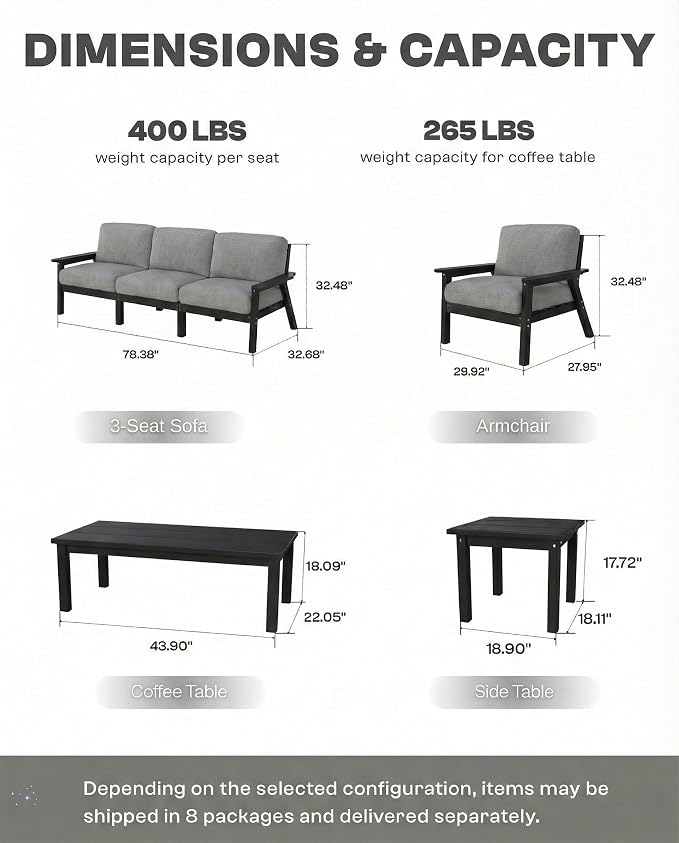 HDPE Patio Furniture Set 5 Seats with Cantilever Umbrella, Outdoor Couch with Washable Thick Gray Cushions & Tables, Outdoor Sectional Furniture for Deck, Lawn, Porch (Black Frame)