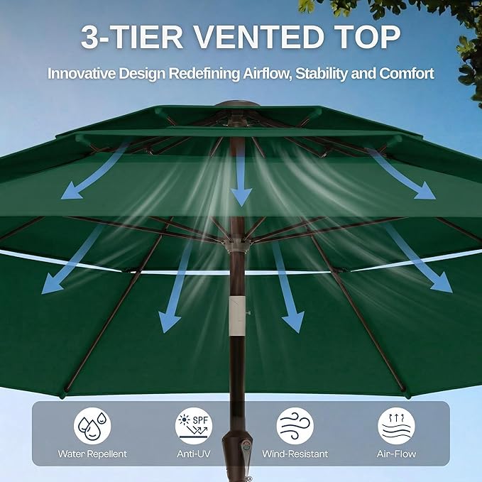 10ft Patio Umbrella, 3 Tier Outdoor Market Table Umbrellas with 8 Fiberglass Ribs and Push Button Tilt, Windproof, Vented Canopy, UV Protection for Deck, Pool, Backyard