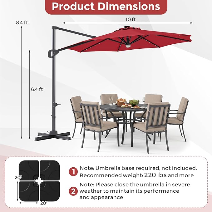 Tangkula 10ft Patio Umbrella with Solar Lights, Offset Cantilever Square Outdoor Umbrella with 35 LED Lights, Aluminum Pole, 360 Degree Rotation, Tilt Adjustment, Air Vent for Pool Deck Yard (Wine)