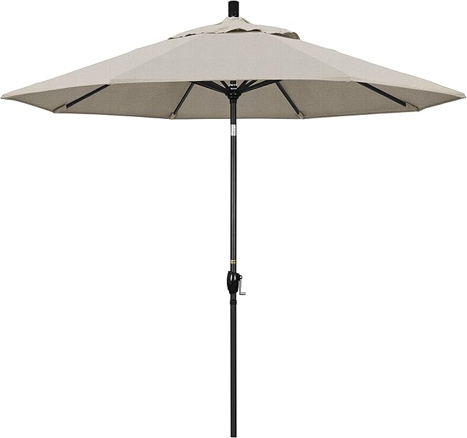 California Umbrella 9' Round Aluminum Market Umbrella, Crank Lift, Push Button Tilt, Black Pole, Woven Granite Olefin