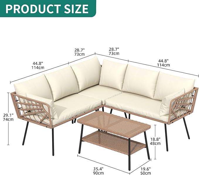 YITAHOME 4PCS Patio Furniture Set L Shape Outdoor Couch with 2-Tier Coffee Table and Thick Cushions Patio Conversation Set Rattan Sectional Sofa Boho Outdoor Furniture Set with 5 Seater for Backyard