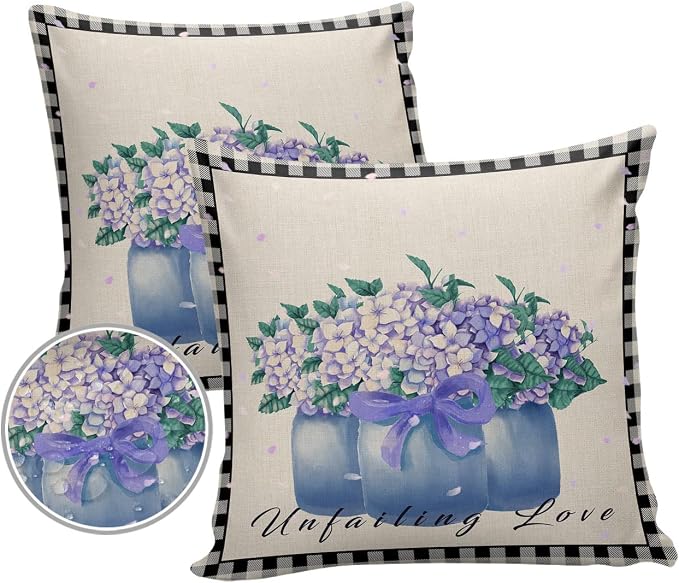 Hydrangea Outdoor Pillow Shams Set of 2, Decorative Pillowcases Cushion Case, Soft Throw Pillow Covers Waterproof Pillow Case 18x18 Inch, Purple Flowers in Jar Black Plaid Unfailing Love